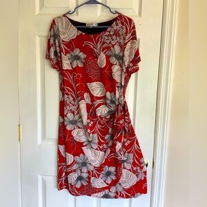 Red floral print wrap dress -NEW.  Has a wrap tie-knot on the hip.  Size L.